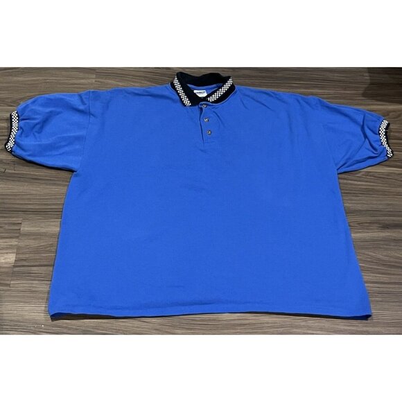 Vintage Gildan Blue Polo Shirt Black White Checkerboard Trim Size 2XL - Picture 1 of 16